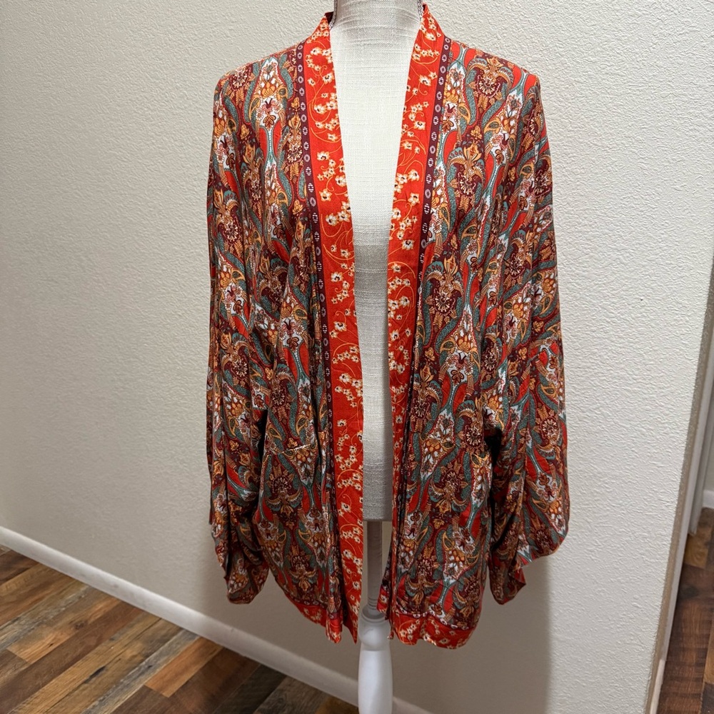 Weekend Suzanne Betro Paisley Open Cardigan/Kimono with Orange Accents - Size XL